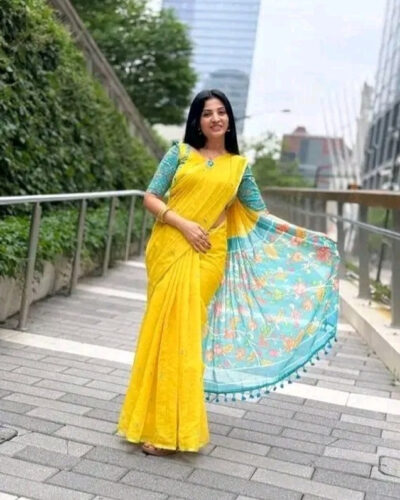 Printed, Floral Print, Digital Print, Self Design Bollywood Linen, Cotton Linen Saree (Yellow)
