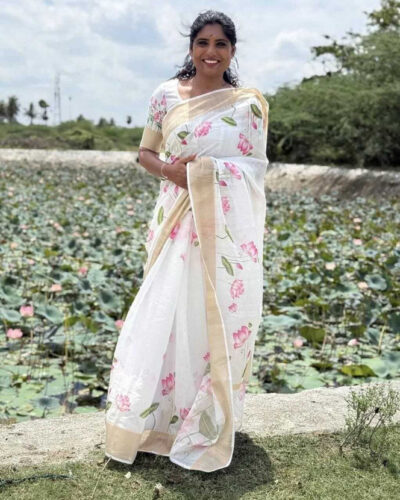 Printed Bollywood Cotton Linen Saree (White, Pink)