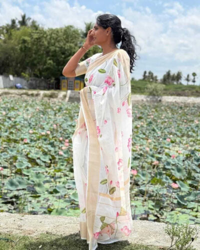 Printed Bollywood Cotton Linen Saree (White, Pink)