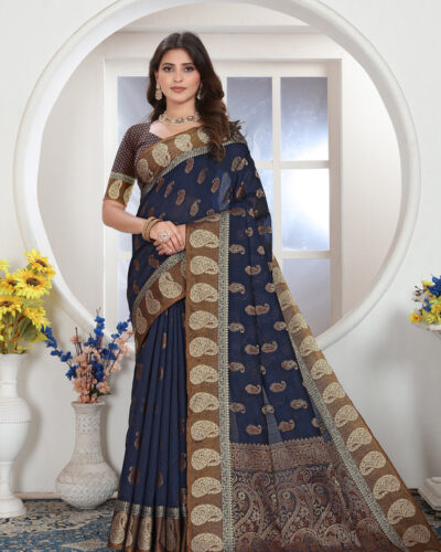 Woven Chanderi Handloom Art Silk Saree (Dark Blue)