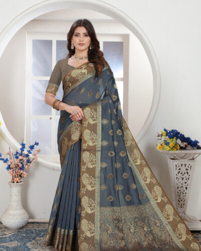 Woven Chanderi Handloom Art Silk Saree (Grey)