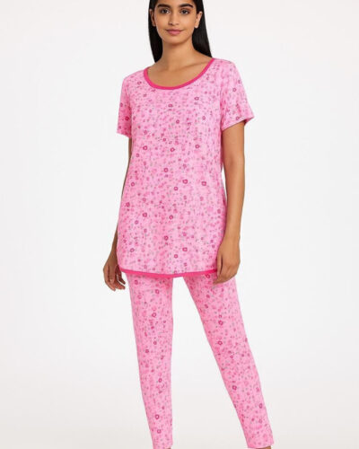 Women Night Suit Set Pink Printed