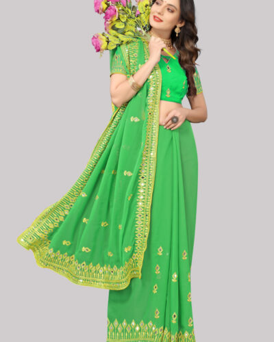 Self Design, Embroidered Banarasi Georgette Saree (Green)