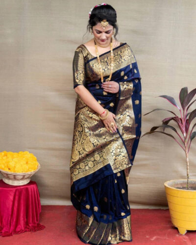 Woven Kanjivaram Silk Blend, Cotton Silk Saree (Dark Blue)