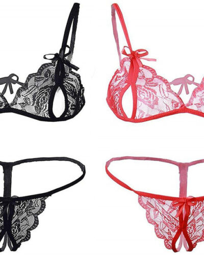 Bra & Panty Set Self Design, Embellished, Solid Red, Black Lingerie Set