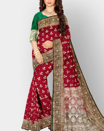 Woven Banarasi Handloom Silk Blend Saree (Red)