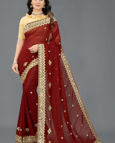 Self Design, Embroidered Banarasi Georgette Saree (Maroon)