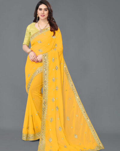 Self Design, Embroidered Banarasi Georgette Saree (Yellow)