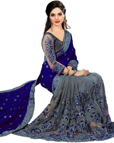 Embroidered Bollywood Silk Blend, Satin Saree (Blue)