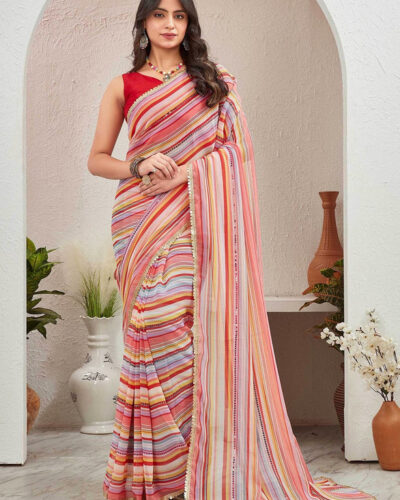 Digital Print, Printed, Striped Bollywood Georgette Saree (Red)