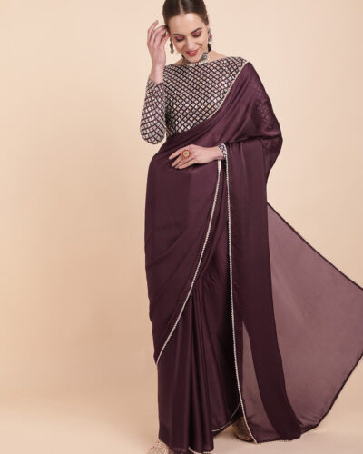 Embellished Bollywood Satin Saree (Magenta)