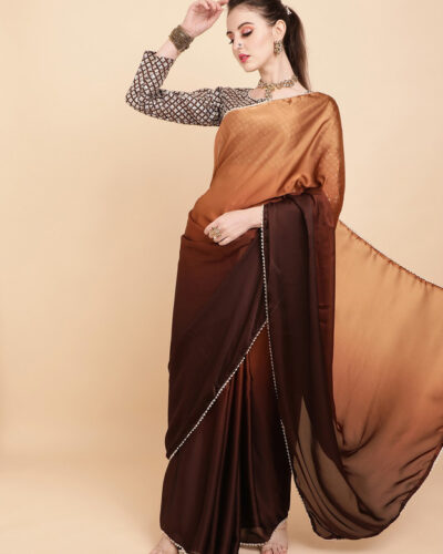 Embellished Bollywood Satin Saree (Brown)