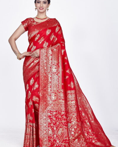 Woven Banarasi Silk Blend Saree (Red)