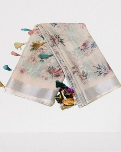 Floral Print Bollywood Linen Saree (Multicolor)