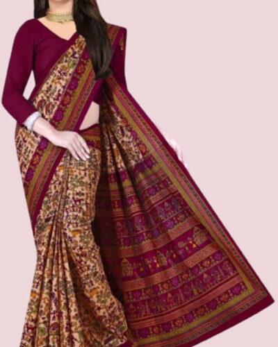 Printed Sambalpuri Pure Cotton Saree (Maroon, Brown)