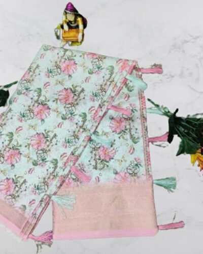 Floral Print Bollywood Linen Saree (Multicolor)