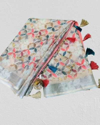 Floral Print Bollywood Linen Saree (Multicolor)