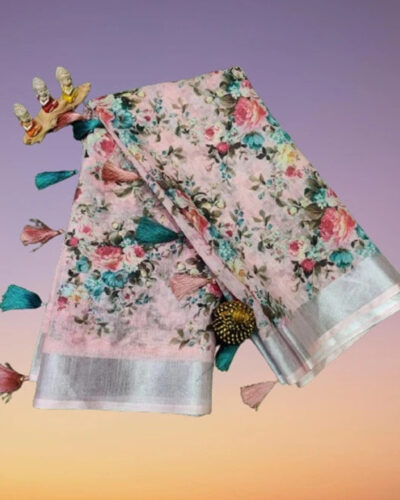 Floral Print Bollywood Linen Saree (Multicolor)