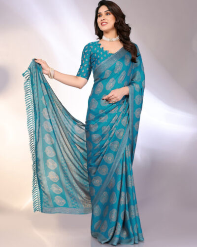 Printed, Blocked Printed Daily Wear Chiffon, Georgette Saree (Blue)