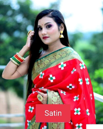 Embroidered Sambalpuri Satin Saree (Dark Green)