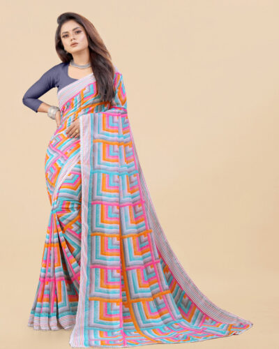 Printed Bollywood Georgette, Chiffon Saree (Light Blue)