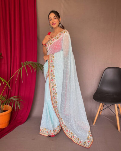 Checkered Bollywood Georgette Saree (Light Blue)