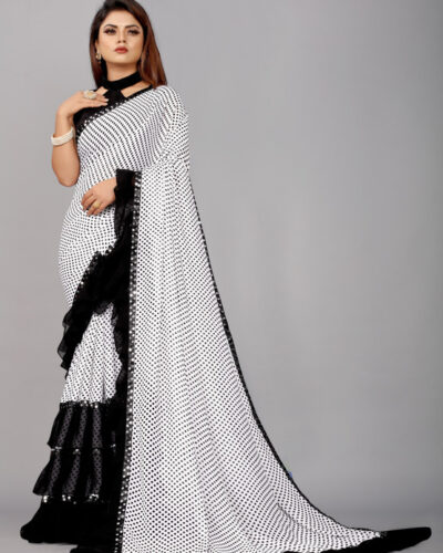 Printed Bollywood Georgette, Chiffon Saree (Black, White)