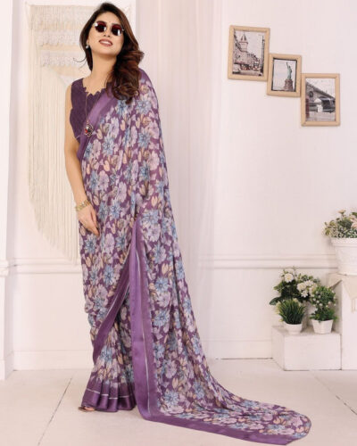Floral Print Daily Wear Silk Blend Saree (Purple)