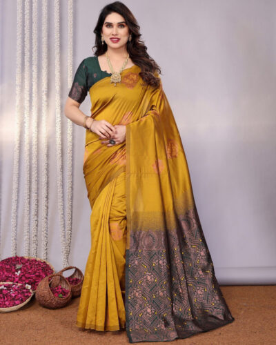Woven Banarasi Jacquard Saree (Mustard, Dark Green)