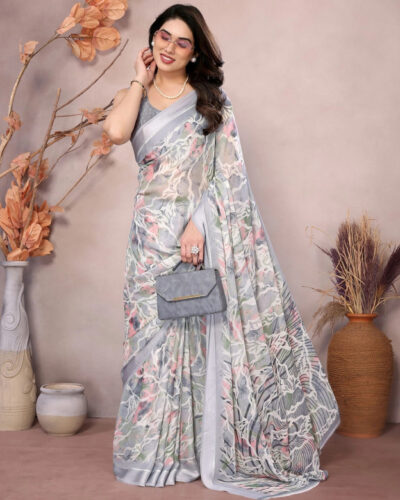 Printed Daily Wear Pure Silk Saree (Grey)