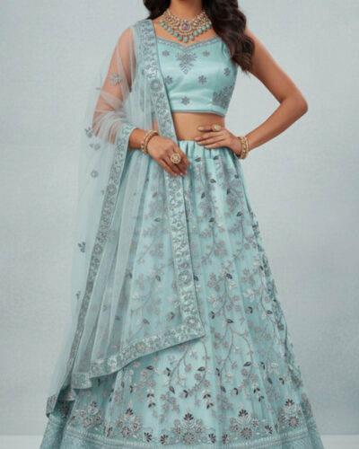 Embroidered Semi Stitched Lehenga Choli (Light Blue)