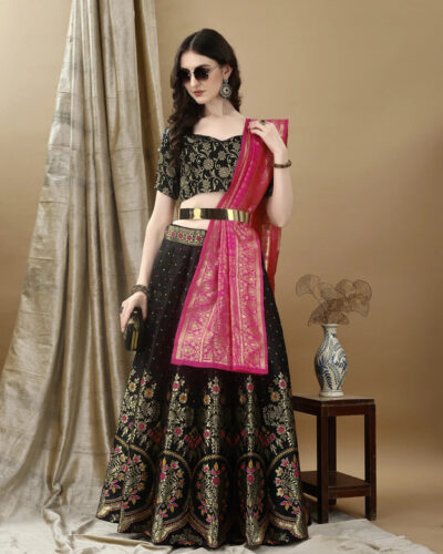 Self Design Semi Stitched Lehenga Choli (Black)