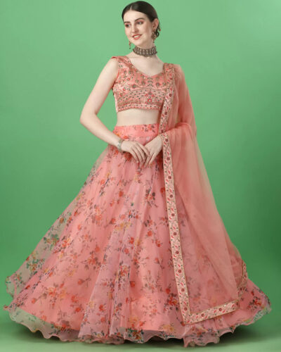 Printed Semi Stitched Lehenga Choli (Orange)