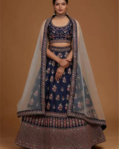 Embroidered, Embellished Semi Stitched Lehenga Choli (Blue)