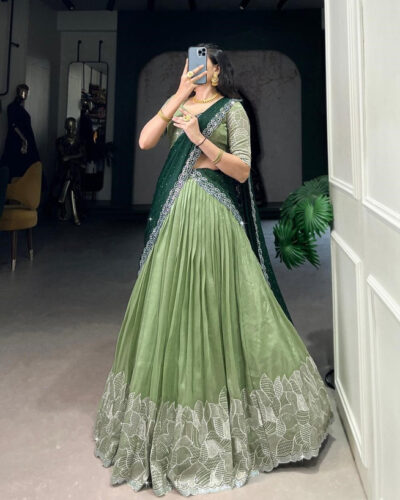 Embroidered Semi Stitched Lehenga Choli (Green)
