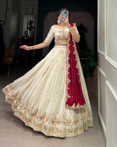 Embroidered Semi Stitched Lehenga Choli (Beige)