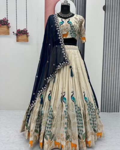 Embroidered Semi Stitched Lehenga Choli (Beige)