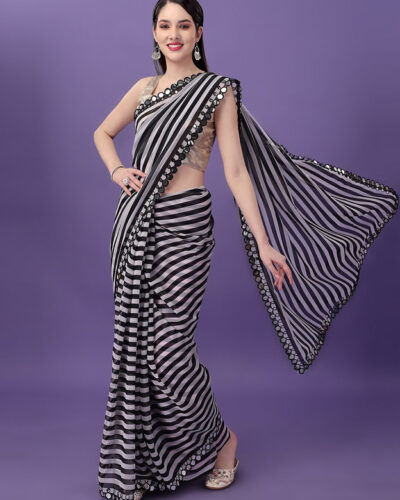 Self Design, Embellished, Embroidered, Printed, Floral Print, Striped Bollywood Georgette Saree (Black, White)