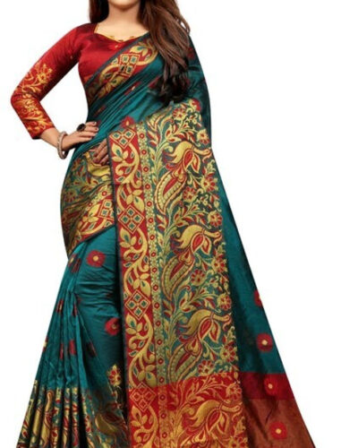 Woven Kanjivaram Cotton Silk, Silk Blend Saree (Dark Green)