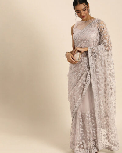Embroidered Kalamkari Net Saree (Beige)