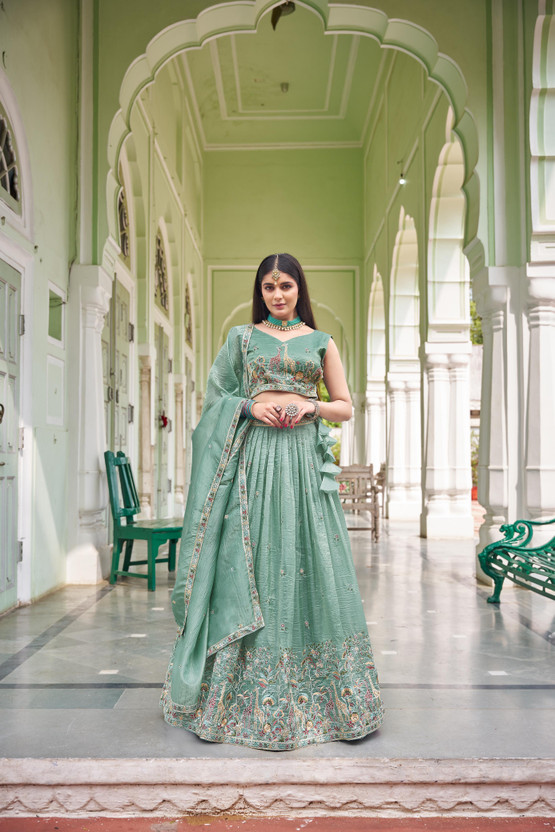 Embroidered Semi Stitched Lehenga Choli (Light Green)