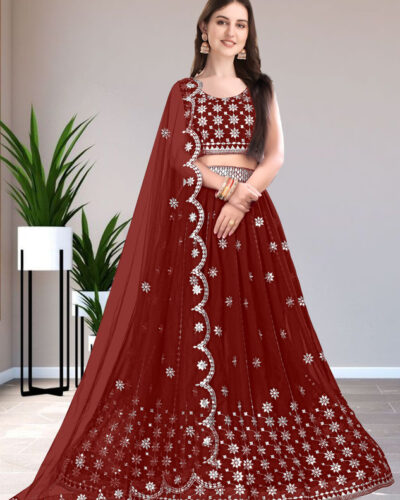 Embroidered Semi Stitched Lehenga Choli (Maroon)