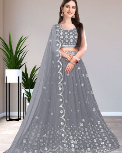 Embroidered Semi Stitched Lehenga Choli (Grey)