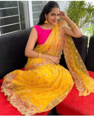 Embroidered Bollywood Supernet Saree (Yellow)