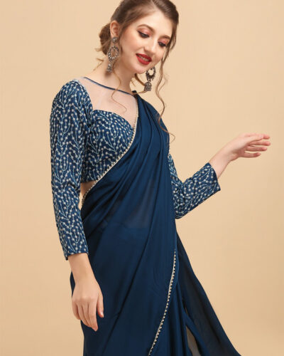 Color Block Bollywood Satin Saree (Blue)