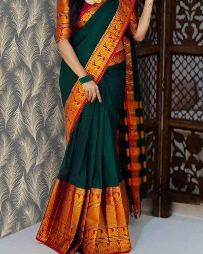 Woven Kanjivaram Tissue, Cotton Silk Saree (Dark Green)