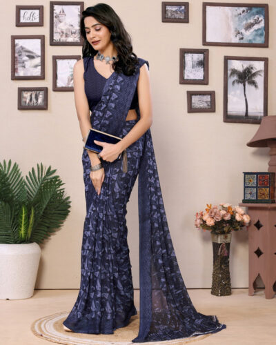 Printed Daily Wear Georgette Saree (Blue)