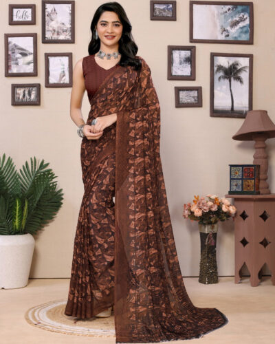 Printed, Ombre, Floral Print Bollywood Georgette Saree (Brown)