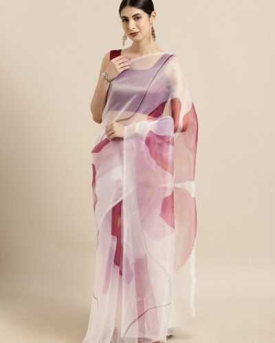 Floral Print Bollywood Tissue Saree (White)