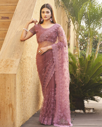 Embroidered Bollywood Net Saree (Pink)